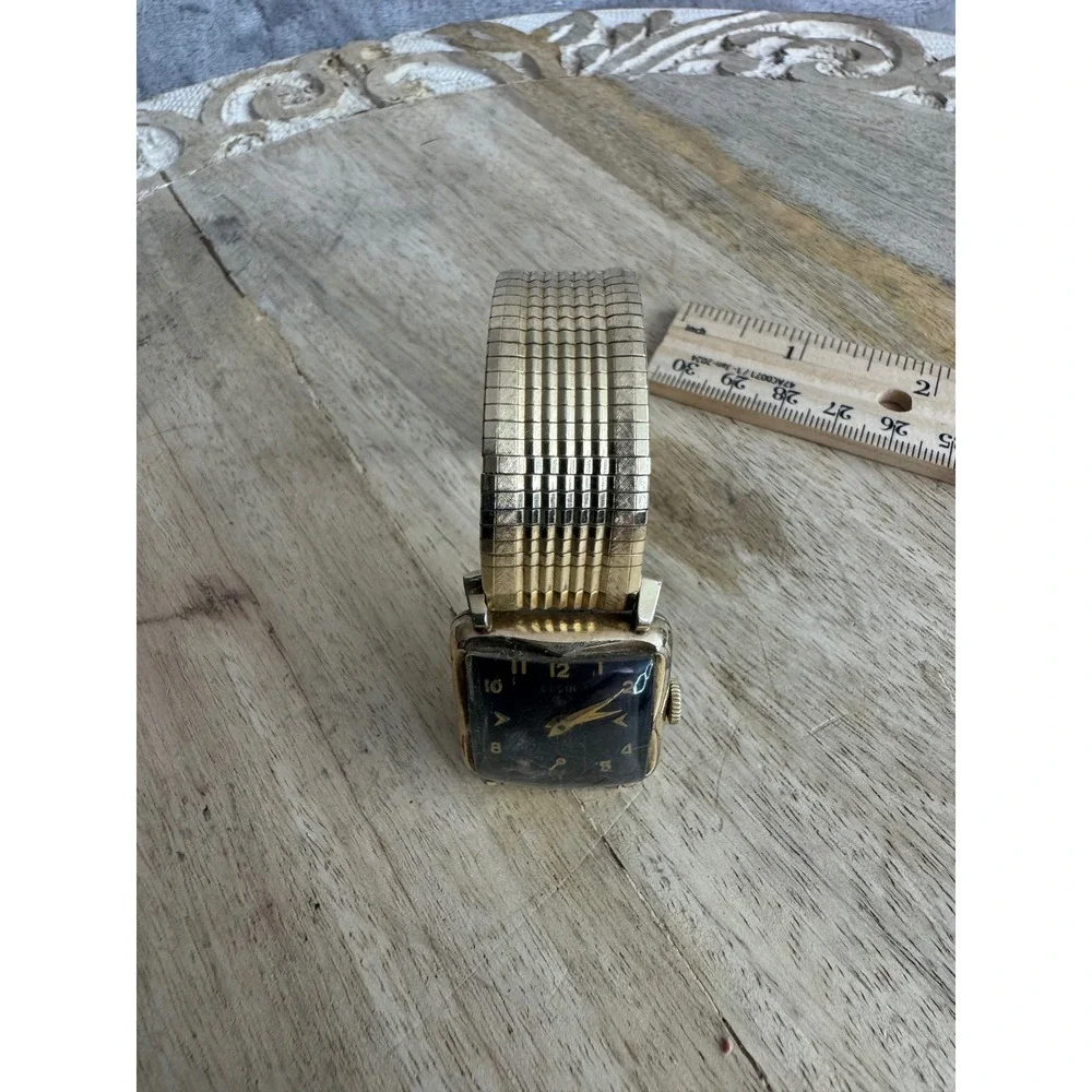 Vintage Elgin Square Black‎ Dial Manual Wind Watch Gold Filled Expansion Band